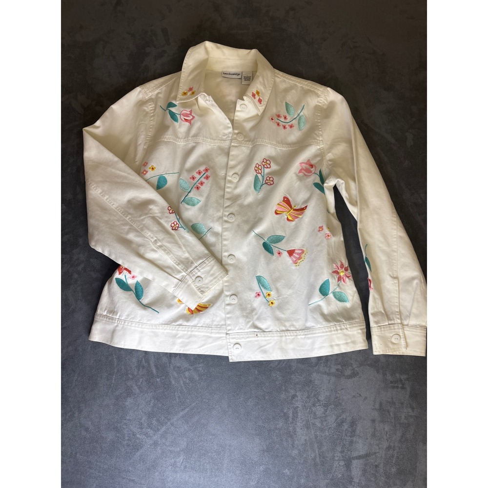 Whimsy Cottagcore White Denim Jacket Embroidered Floral Butterfly Cotton Large